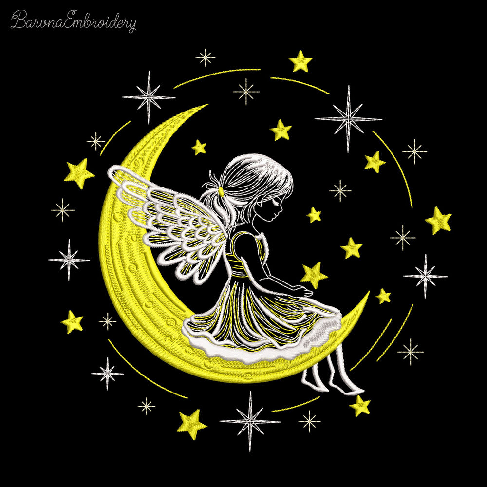 Machine embroidery design of angel girl sitting on the moon surrounded by stars, perfect for Christmas gifts and baby clothes.