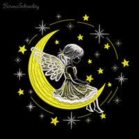Machine embroidery design of angel girl sitting on the moon surrounded by stars, perfect for Christmas gifts and baby clothes.