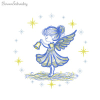 Christmas angel girl holding bell machine embroidery design with glowing stars and festive feel.