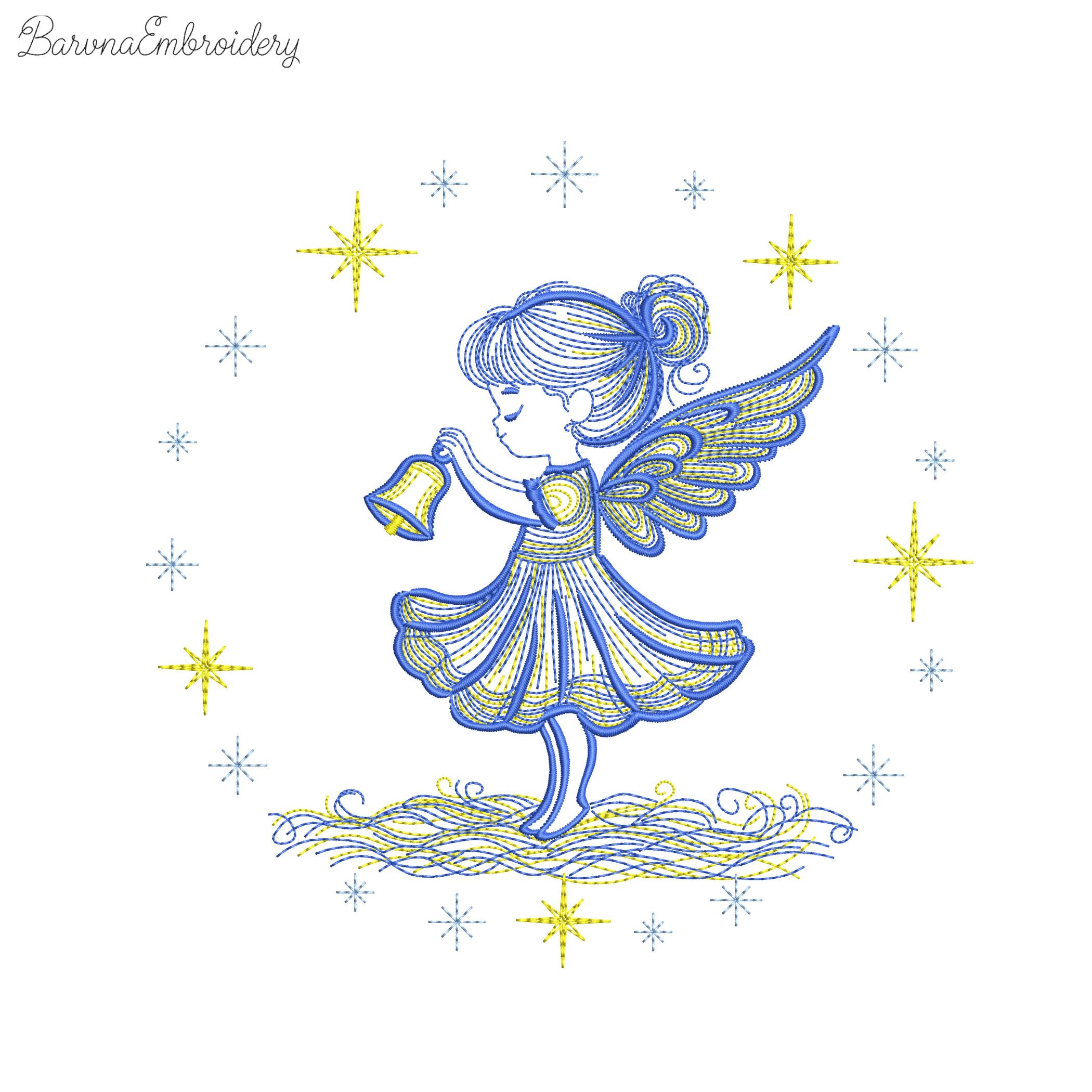 Christmas angel girl holding bell machine embroidery design with glowing stars and festive feel.