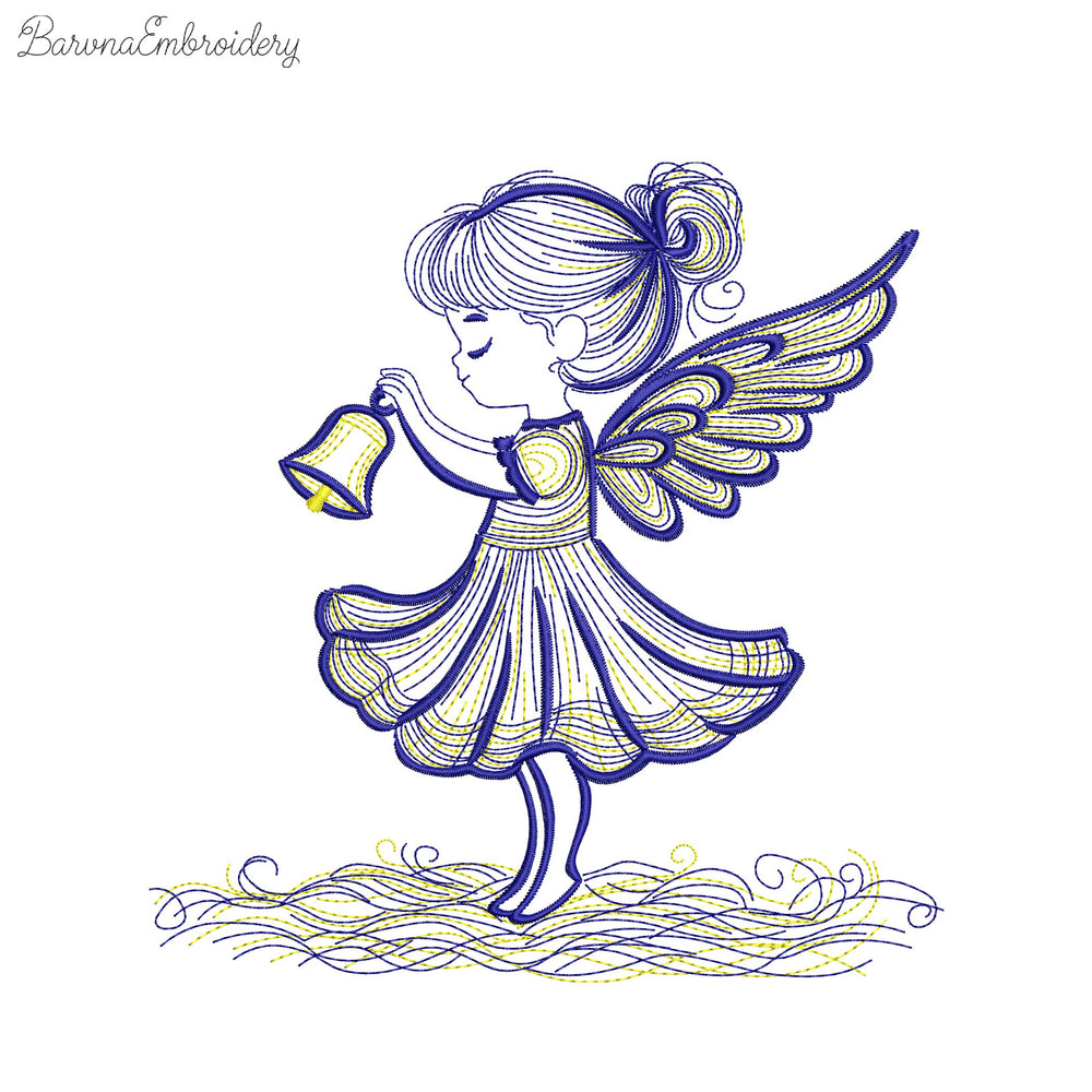 Angel girl holding bell machine embroidery design, 2-color Christmas embroidery file for kids, holiday angel pattern