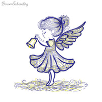 Angel girl holding bell machine embroidery design, 2-color Christmas embroidery file for kids, holiday angel pattern
