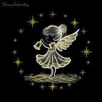 Christmas angel girl holding bell machine embroidery design with glowing stars and festive feel.