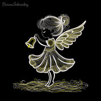 Angel girl holding bell machine embroidery design, 2-color Christmas embroidery file for kids, holiday angel pattern