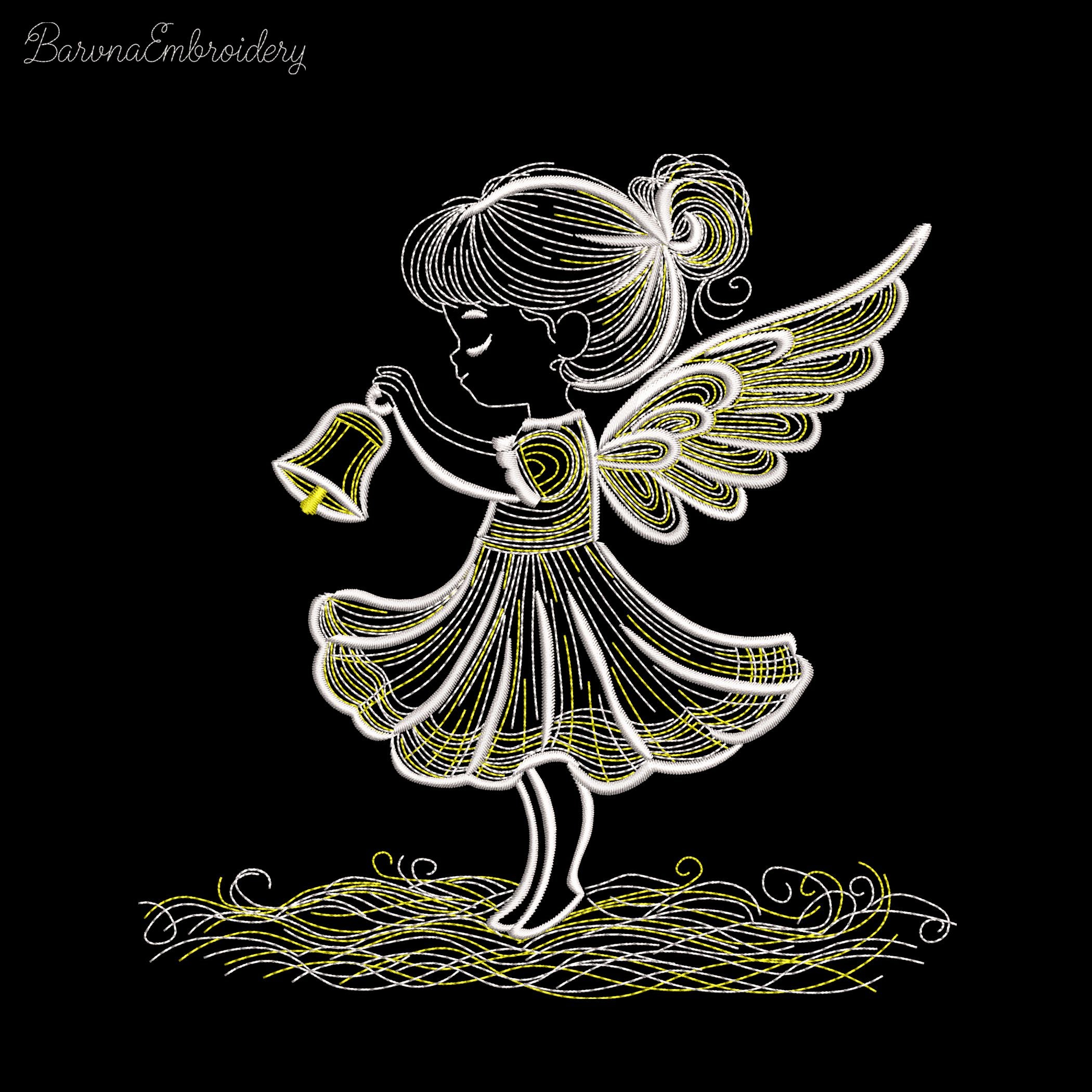 Angel girl holding bell machine embroidery design, 2-color Christmas embroidery file for kids, holiday angel pattern
