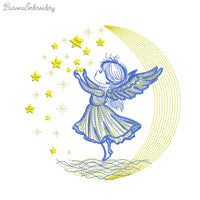 Angel girl touching stars on moonlight background machine embroidery design for Christmas.