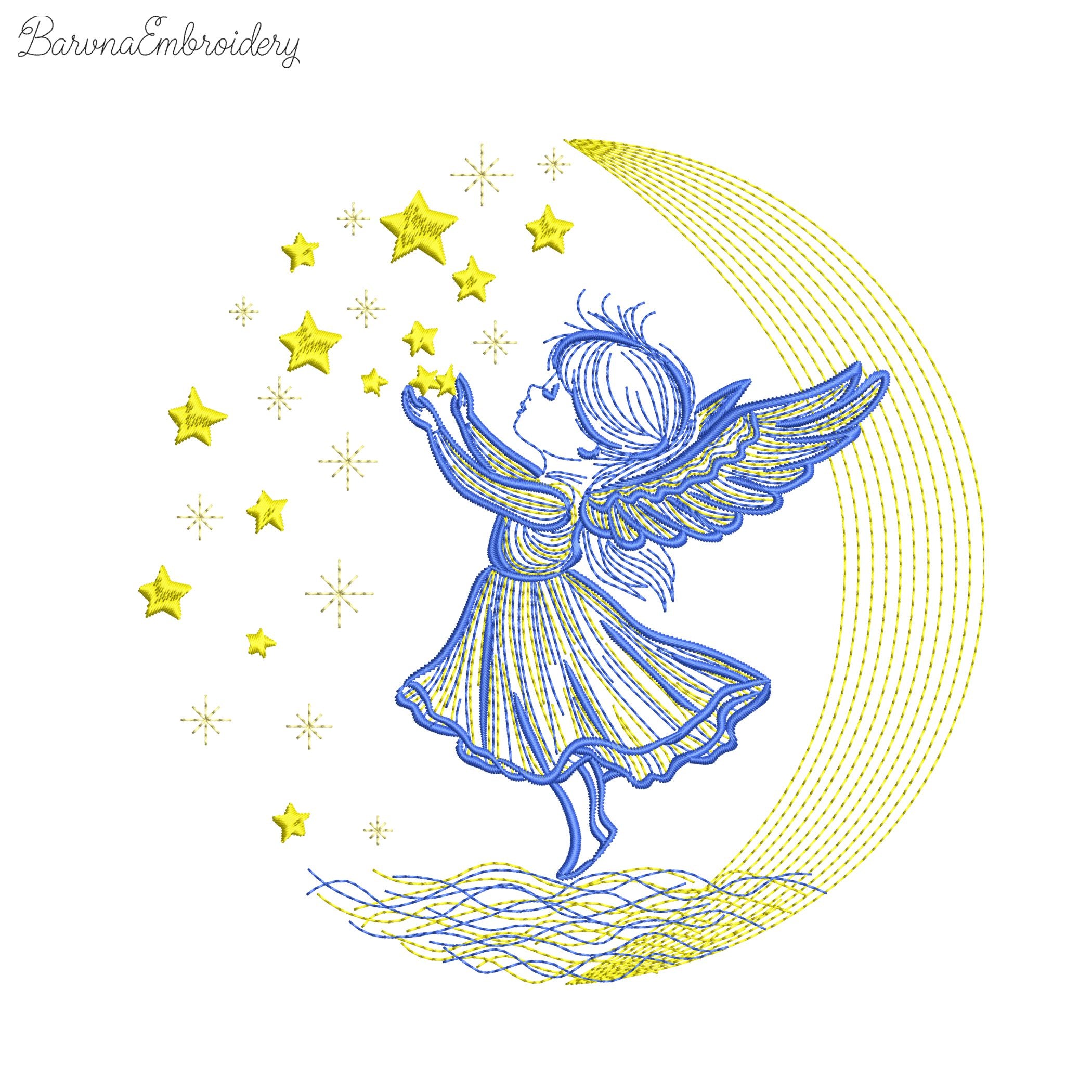 Angel girl touching stars on moonlight background machine embroidery design for Christmas.