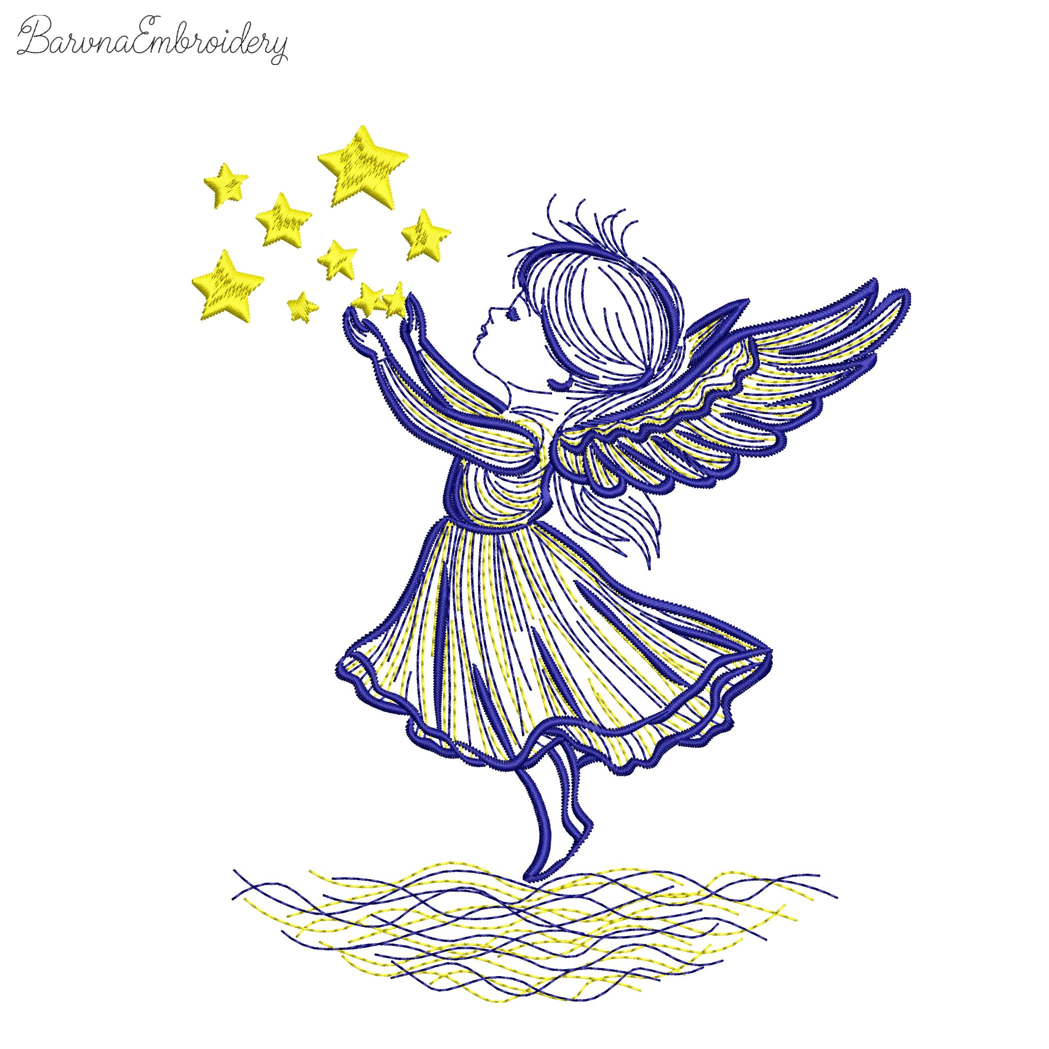 Angel girl reaching for stars machine embroidery design, 2-color Christmas embroidery file for kids and beginners