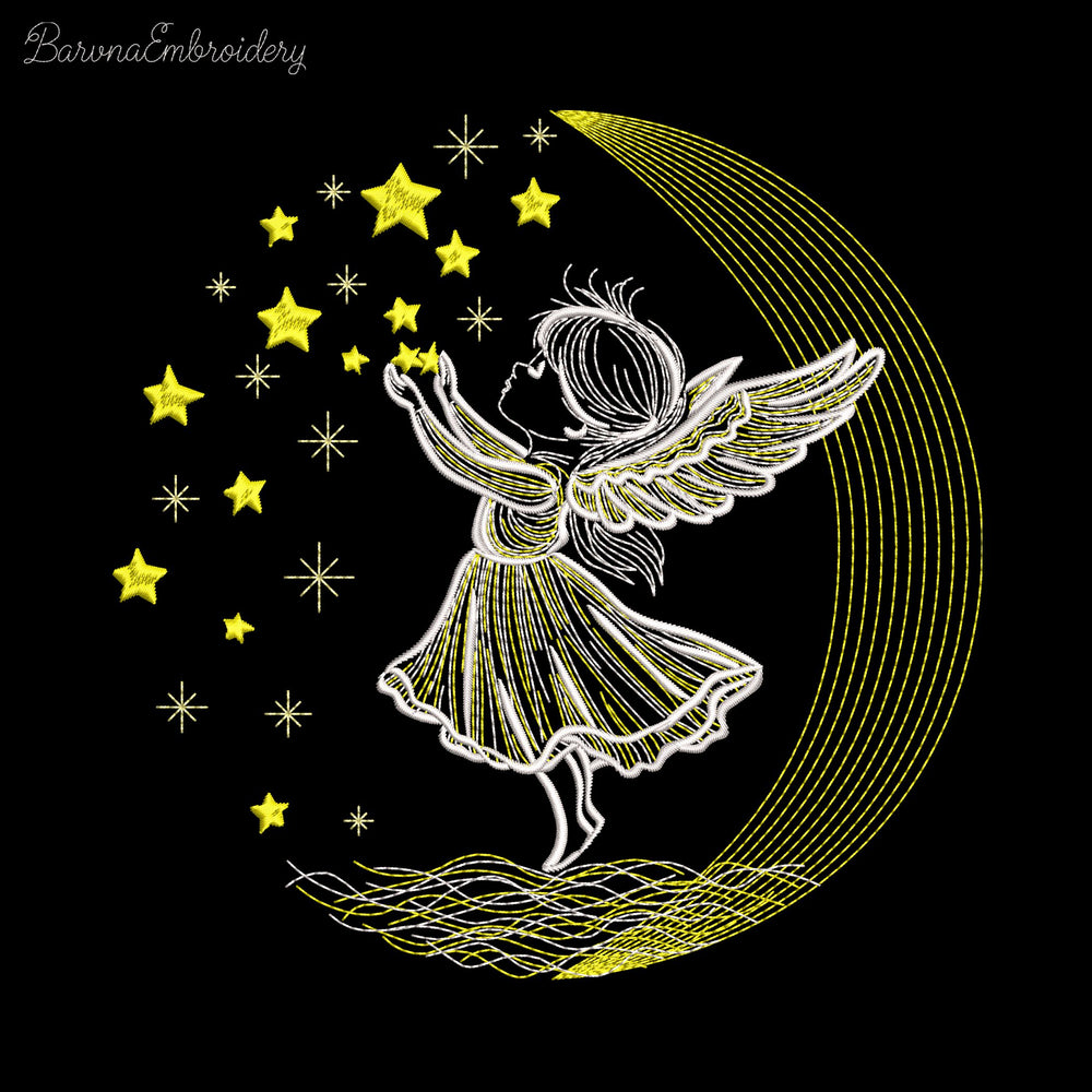 Angel girl touching stars on moonlight background machine embroidery design for Christmas.