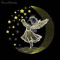 Angel girl touching stars on moonlight background machine embroidery design for Christmas.