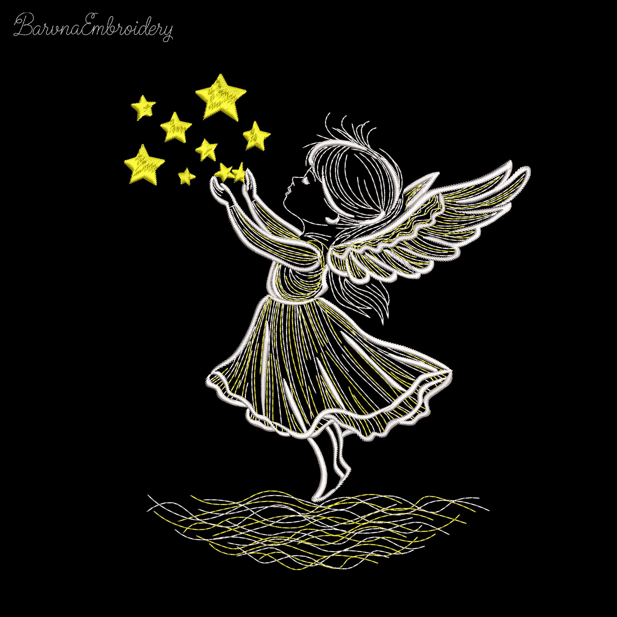 Angel girl reaching for stars machine embroidery design, 2-color Christmas embroidery file for kids and beginners