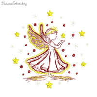 Machine embroidery design of angel girl holding a star, surrounded by sparkling stars, ideal for Christmas or baby projects.