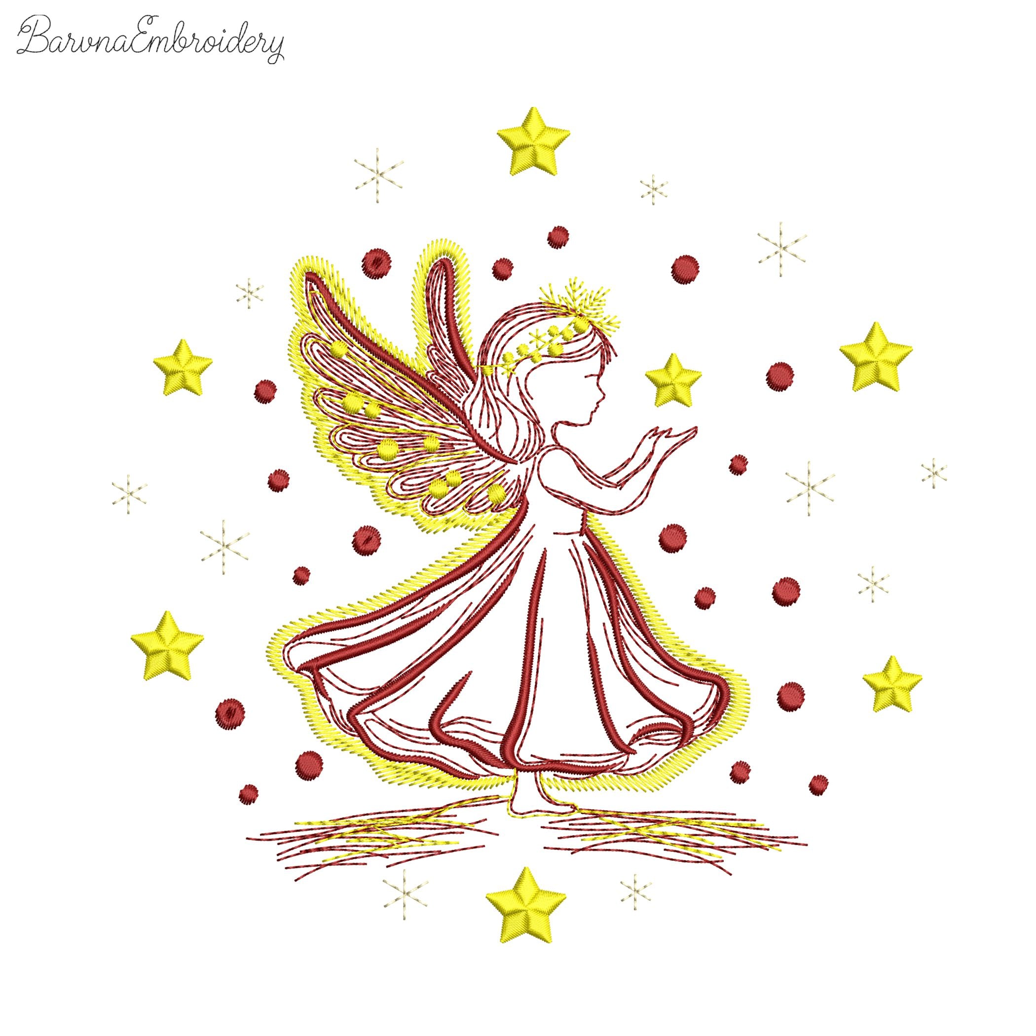 Machine embroidery design of angel girl holding a star, surrounded by sparkling stars, ideal for Christmas or baby projects.