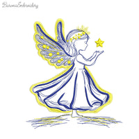 Angel girl holding a star machine embroidery design, 2-color Christmas embroidery file for kids and beginners, holiday stitch pattern