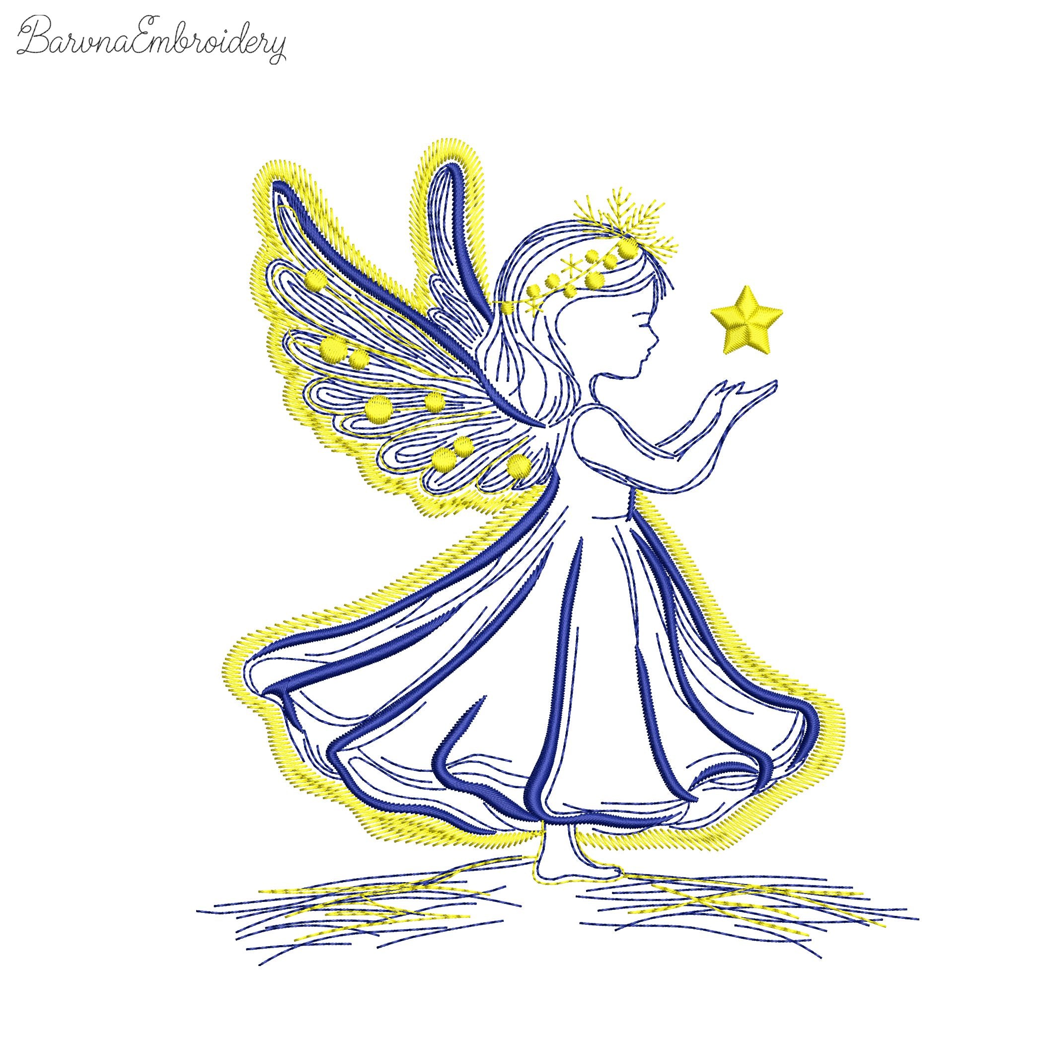 Angel girl holding a star machine embroidery design, 2-color Christmas embroidery file for kids and beginners, holiday stitch pattern