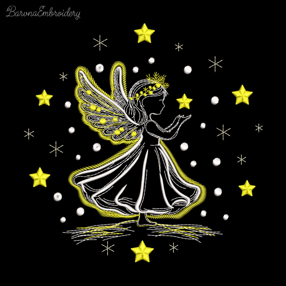 Machine embroidery design of angel girl holding a star, surrounded by sparkling stars, ideal for Christmas or baby projects.