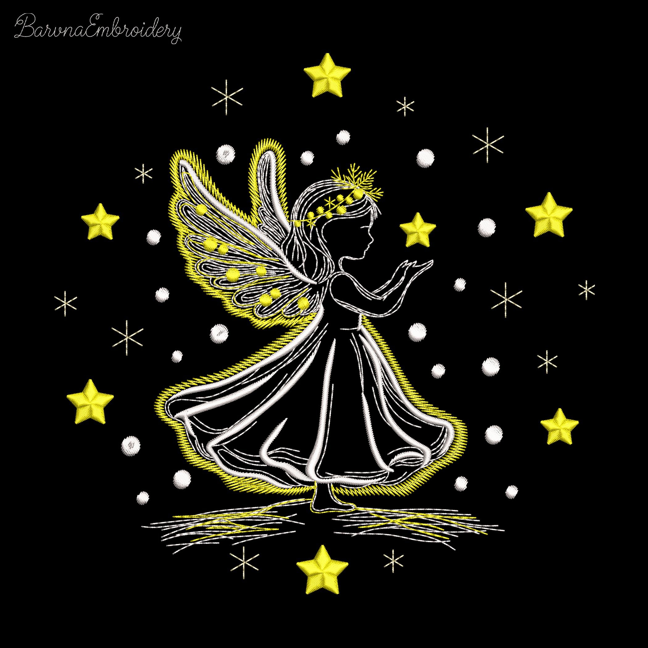 Machine embroidery design of angel girl holding a star, surrounded by sparkling stars, ideal for Christmas or baby projects.