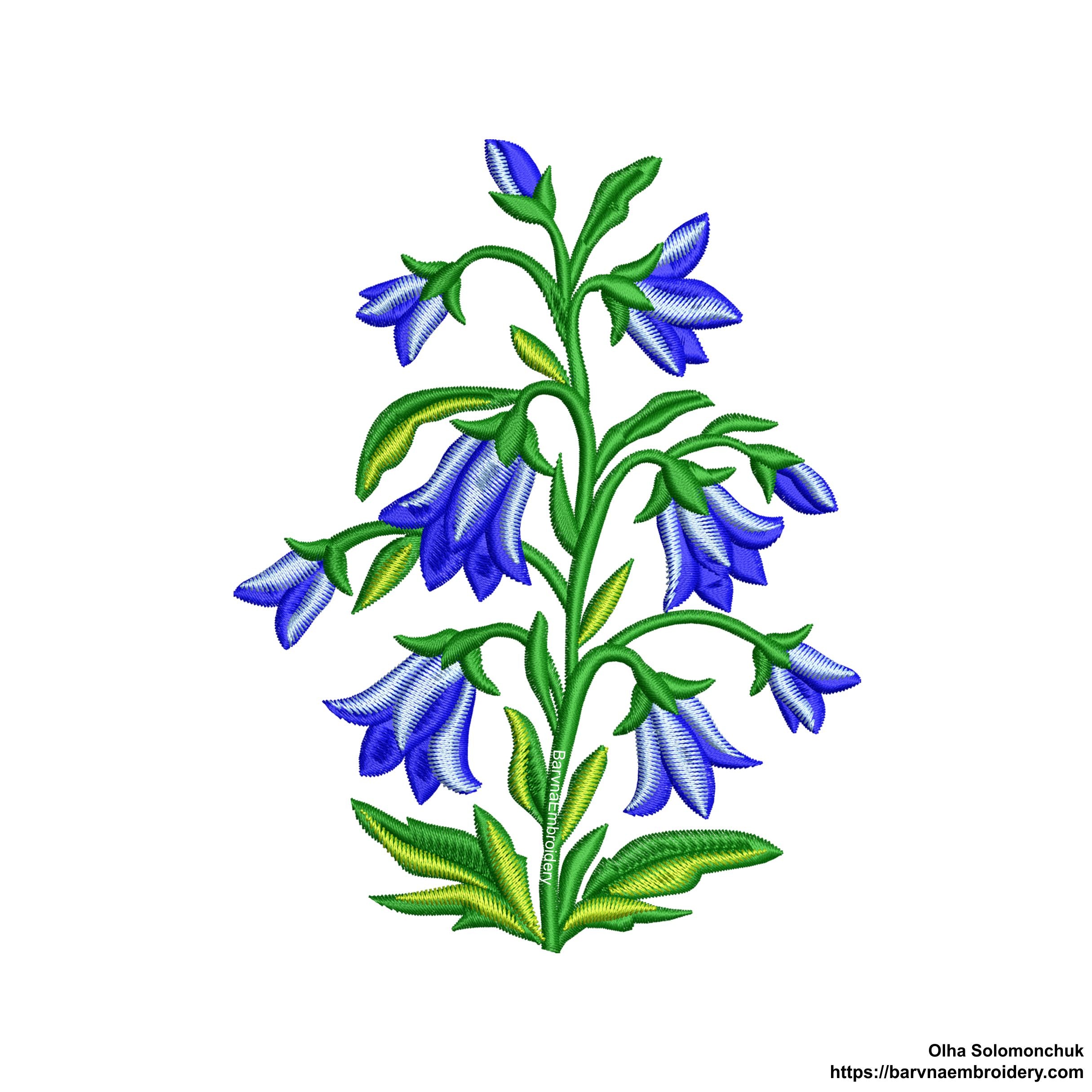 This digital embroidery design features a delicate bellflower branch.