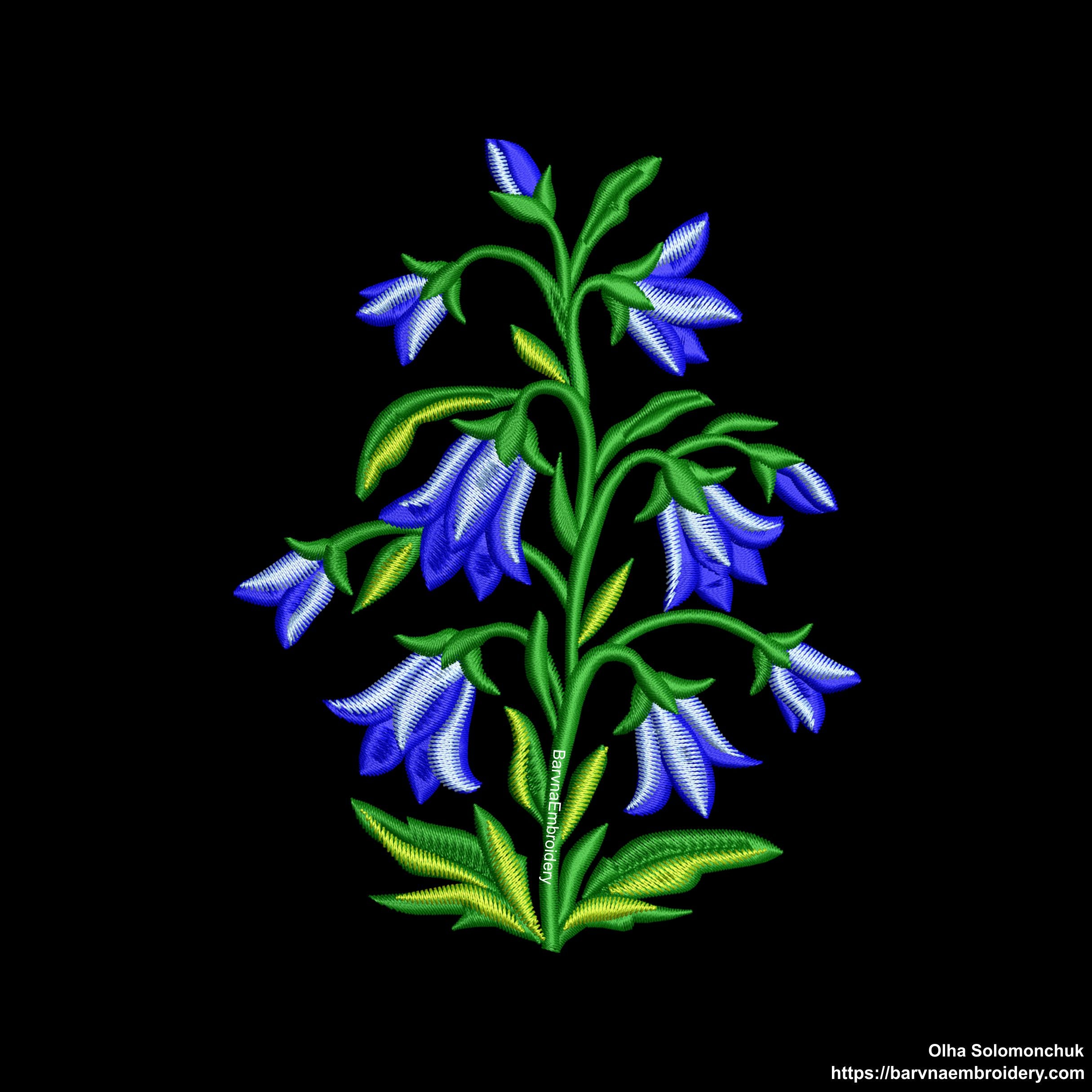 This digital embroidery design features a delicate bellflower branch.