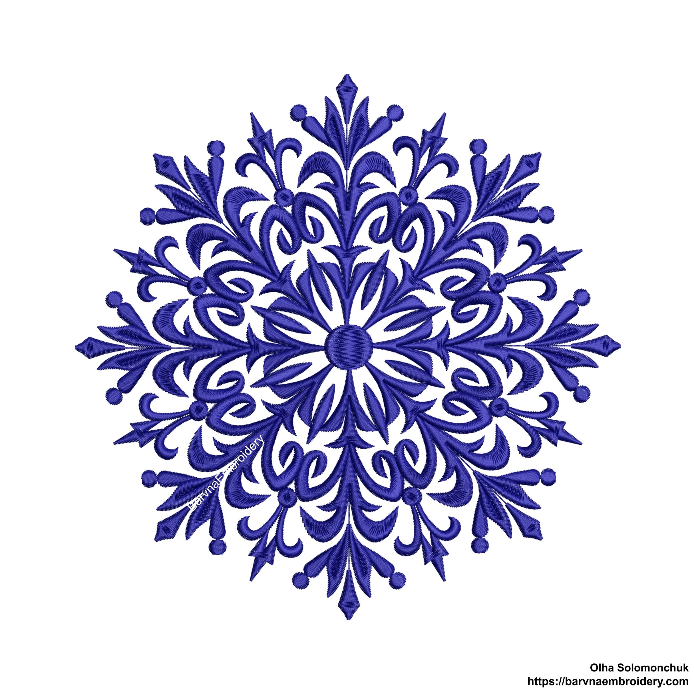 Detailed snowflake embroidery design – elegant one-color machine embroidery file for winter and holiday projects.
