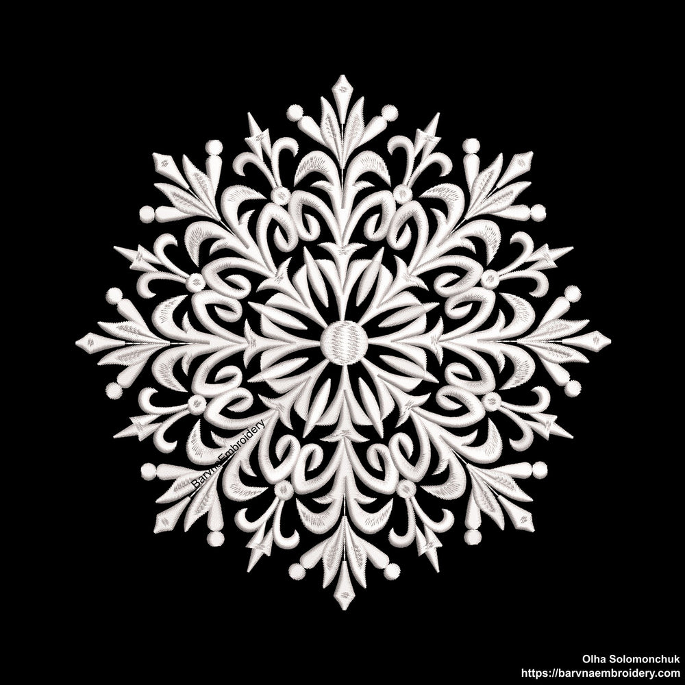 Detailed snowflake embroidery design – elegant one-color machine embroidery file for winter and holiday projects.
