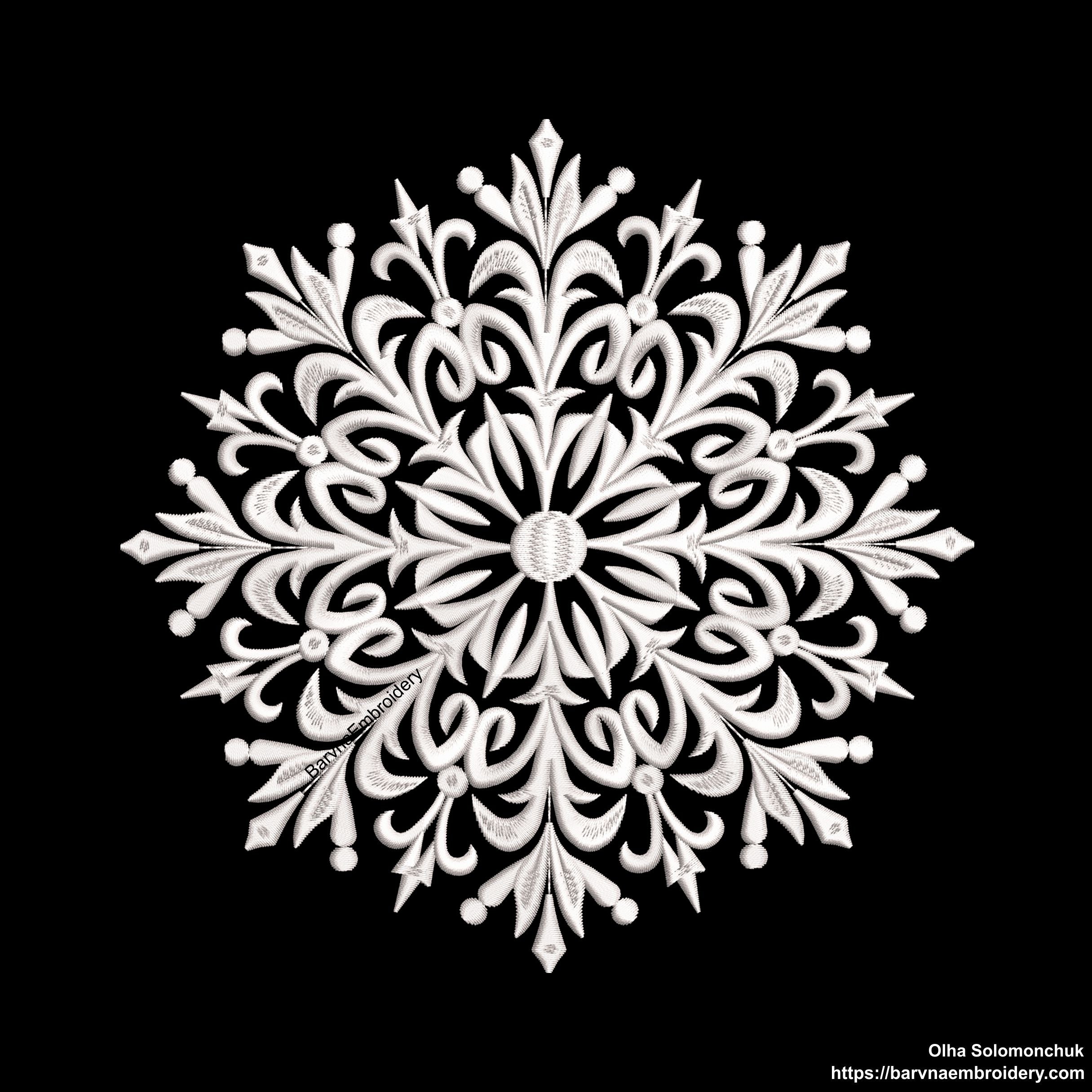 Detailed snowflake embroidery design – elegant one-color machine embroidery file for winter and holiday projects.