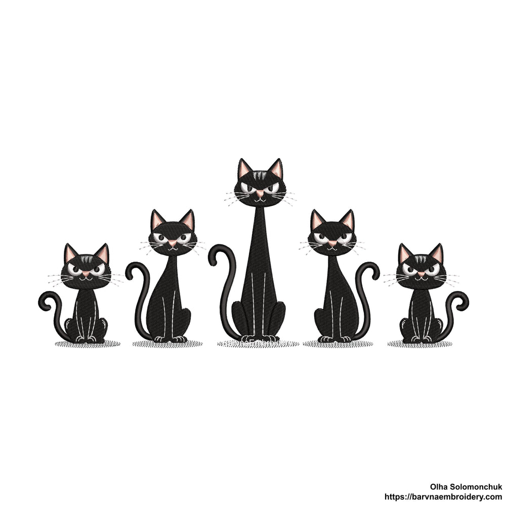 Five black cats sitting in a row Halloween machine embroidery design for T-shirts, bags, and pillows.