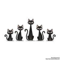 Five black cats sitting in a row Halloween machine embroidery design for T-shirts, bags, and pillows.