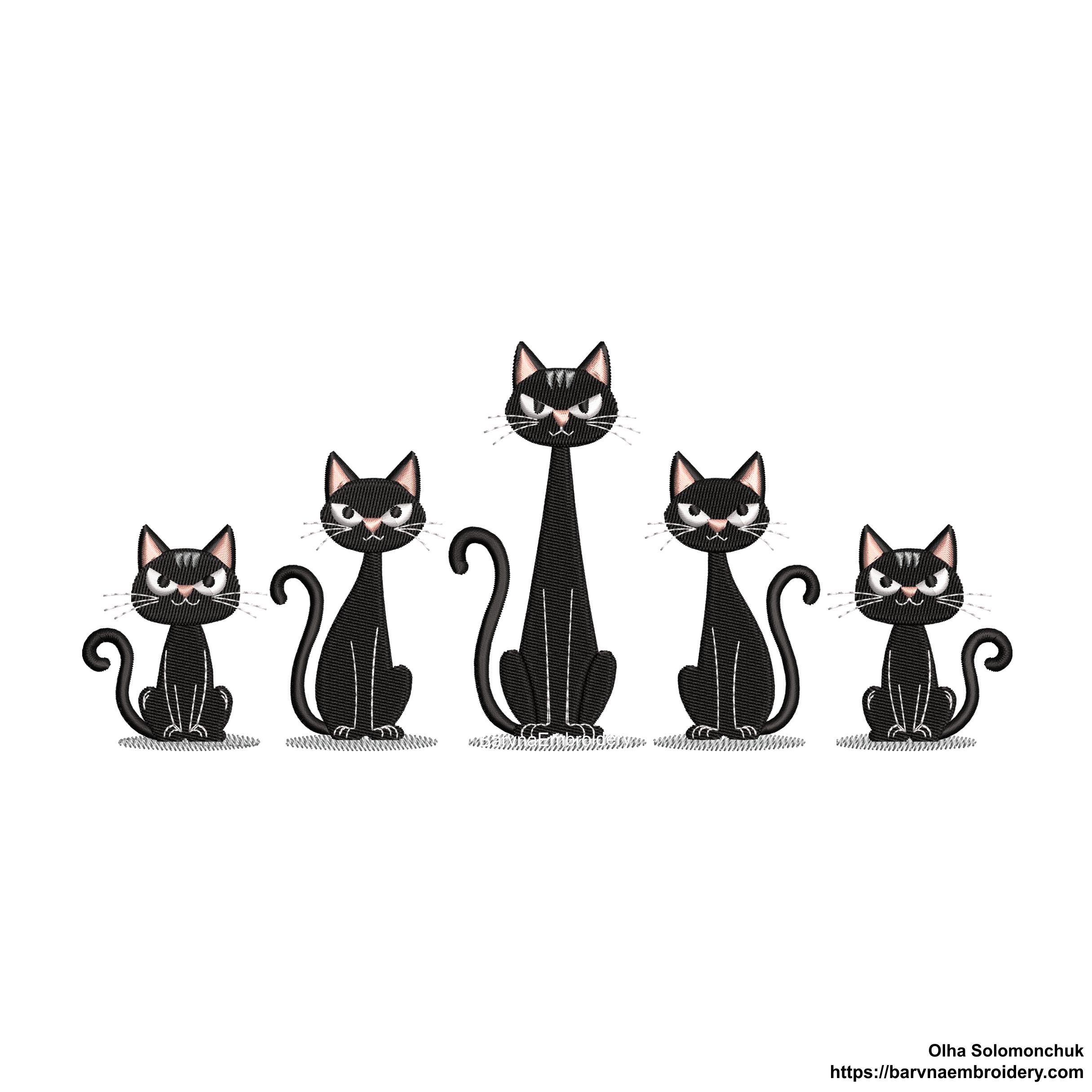 Five black cats sitting in a row Halloween machine embroidery design for T-shirts, bags, and pillows.