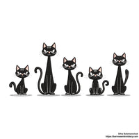 Five spooky black cats sitting in a row – cute Halloween machine embroidery design for clothes, bags, and home décor.
