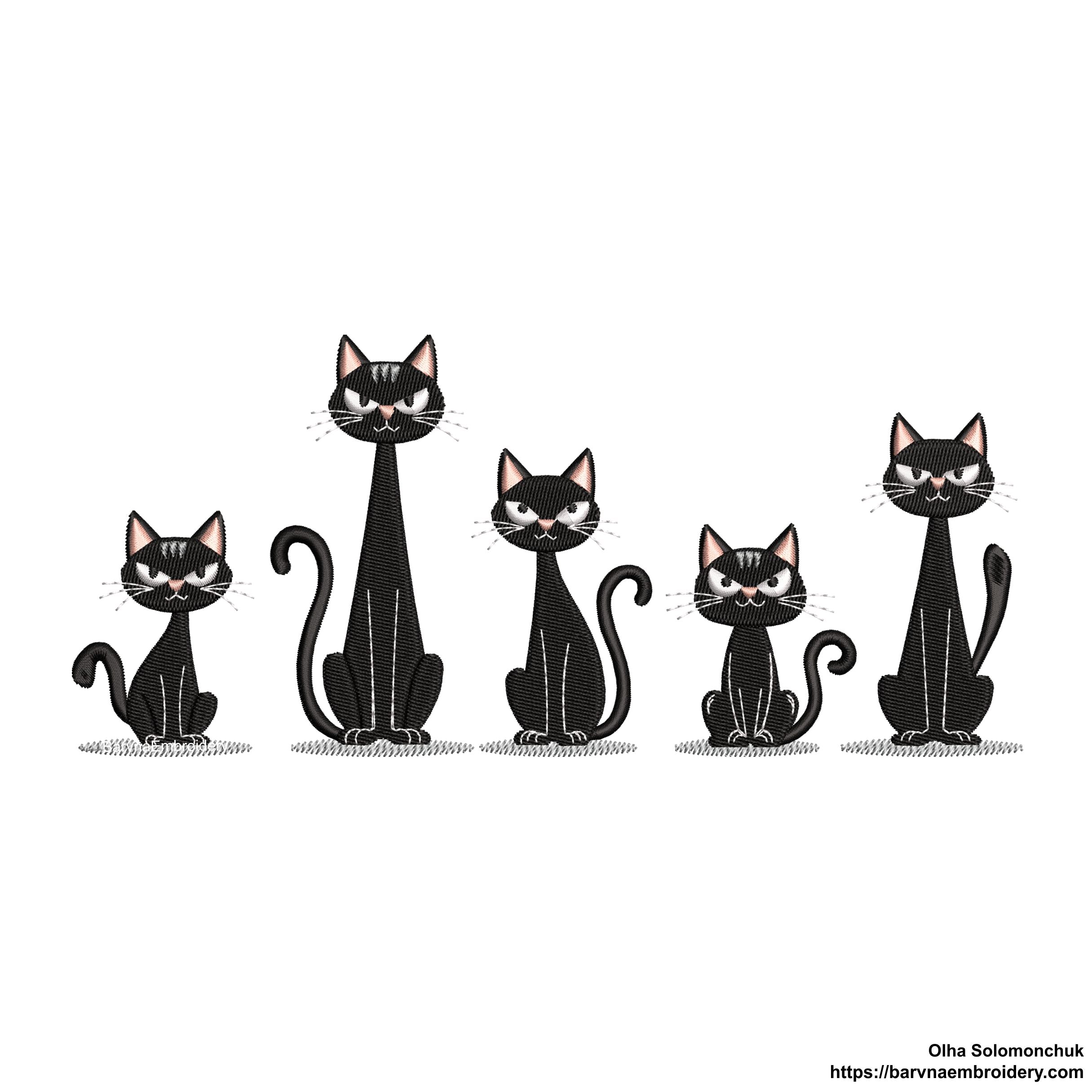 Five spooky black cats sitting in a row – cute Halloween machine embroidery design for clothes, bags, and home décor.