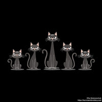 Five black cats sitting in a row Halloween machine embroidery design for T-shirts, bags, and pillows.