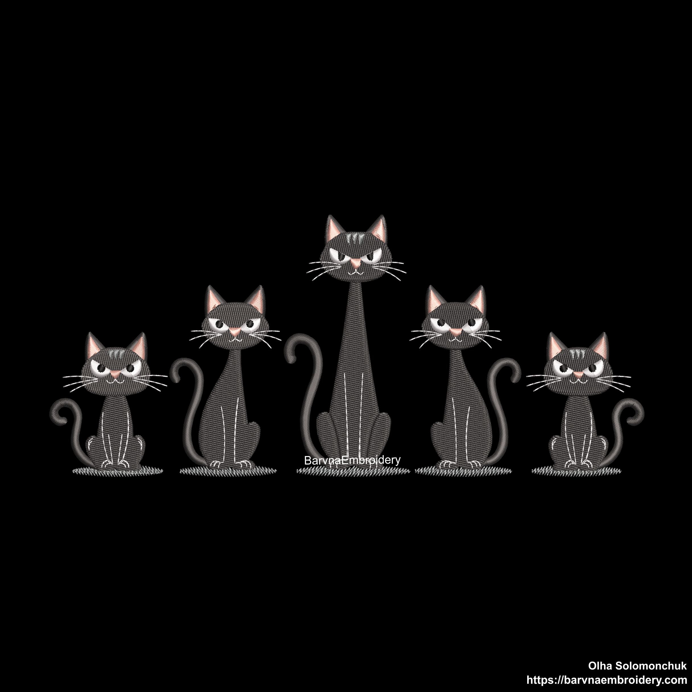 Five black cats sitting in a row Halloween machine embroidery design for T-shirts, bags, and pillows.