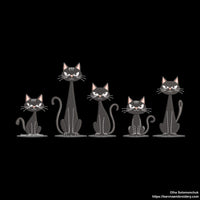 Five spooky black cats sitting in a row – cute Halloween machine embroidery design for clothes, bags, and home décor.
