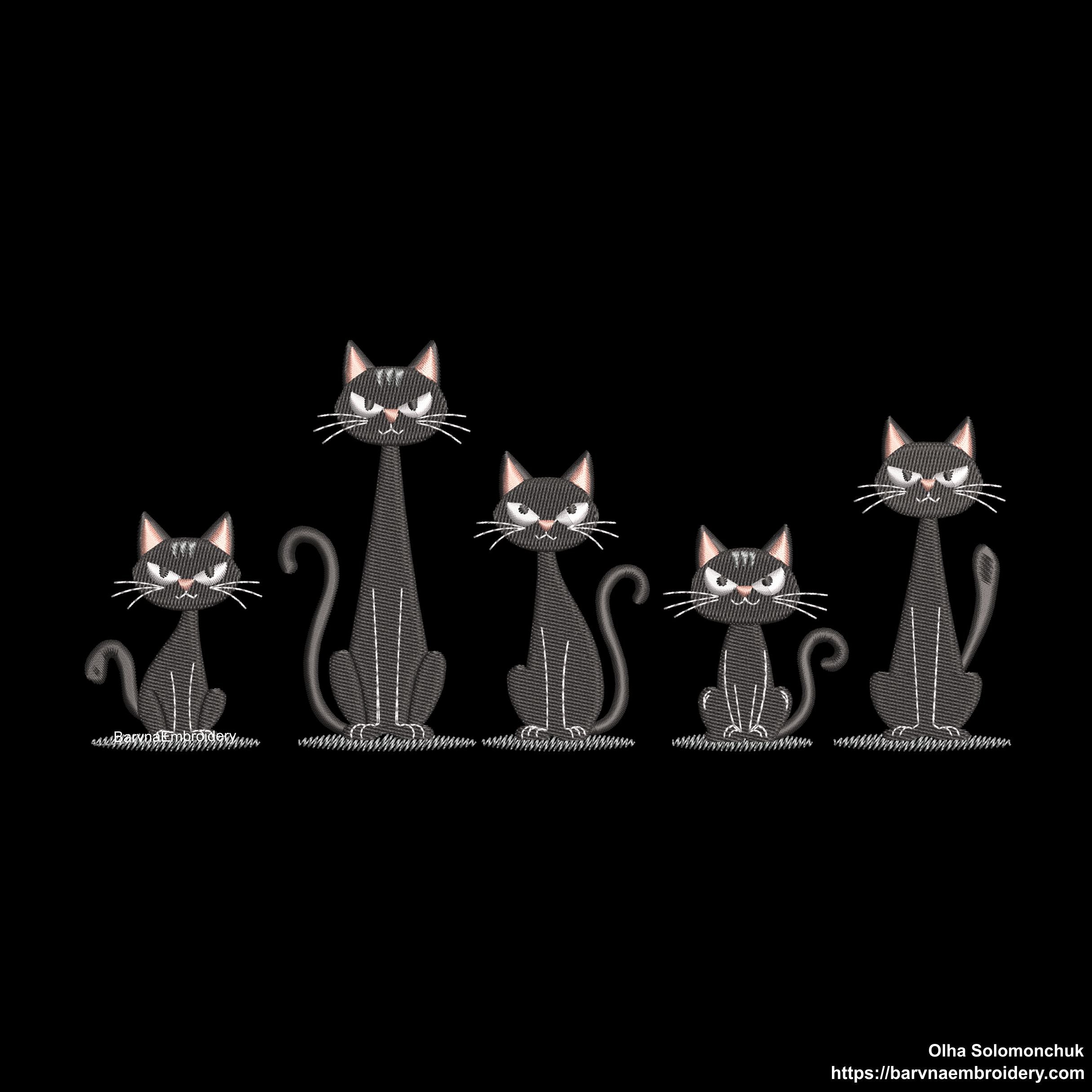 Five spooky black cats sitting in a row – cute Halloween machine embroidery design for clothes, bags, and home décor.