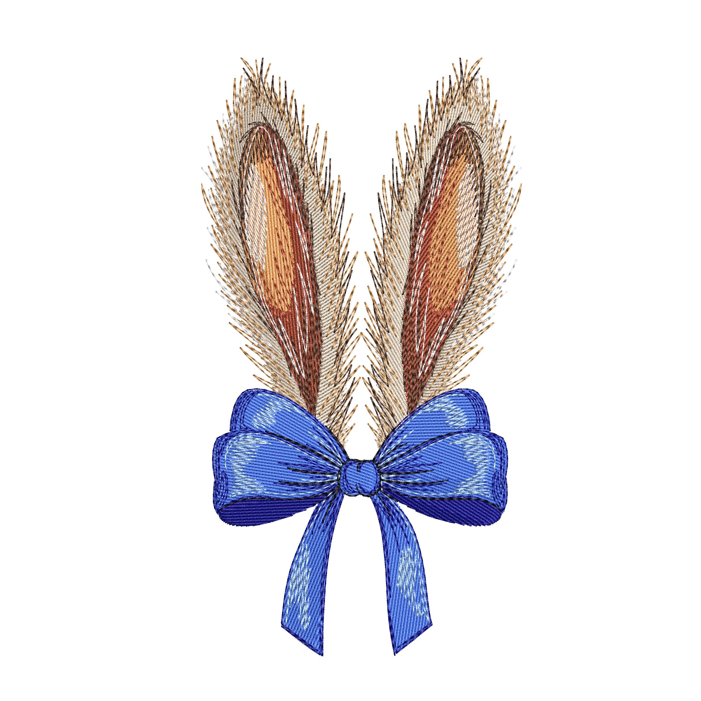 Machine embroidery design of bunny ears with blue bow, realistic fur texture, detailed embroidery stitches