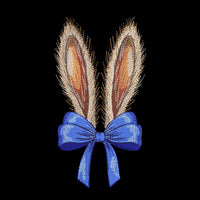Machine embroidery design of bunny ears with blue bow, realistic fur texture, detailed embroidery stitches