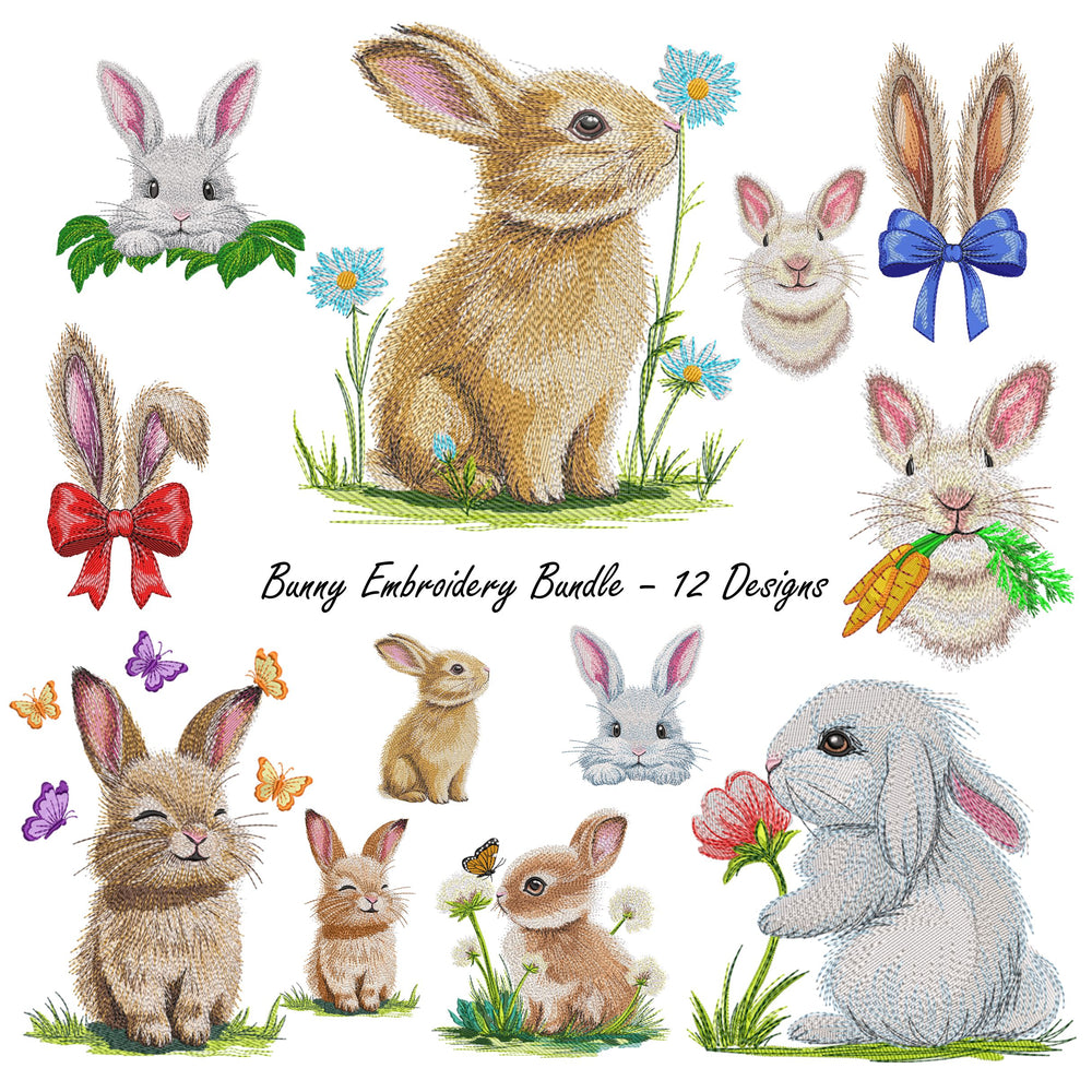 A collection of 12 professional machine embroidery designs featuring cute rabbits in different poses, including floral and nature-themed elements.