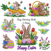 Easter bunny embroidery bundle with eight spring holiday machine embroidery designs