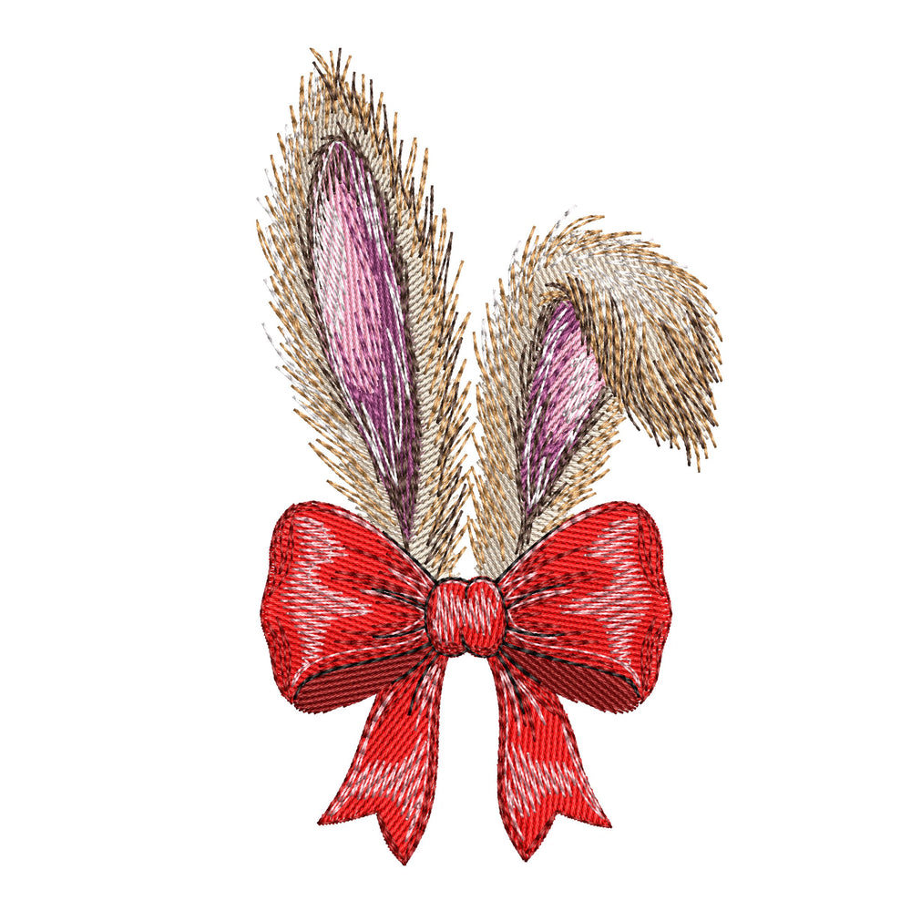 Machine embroidery design of bunny ears with red bow, fluffy fur texture, detailed stitches, embroidery design on dark background.