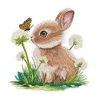 A collection of five high-quality machine embroidery designs: bunnies with butterflies, wildflowers, dandelions, and spring greenery in a realistic style.