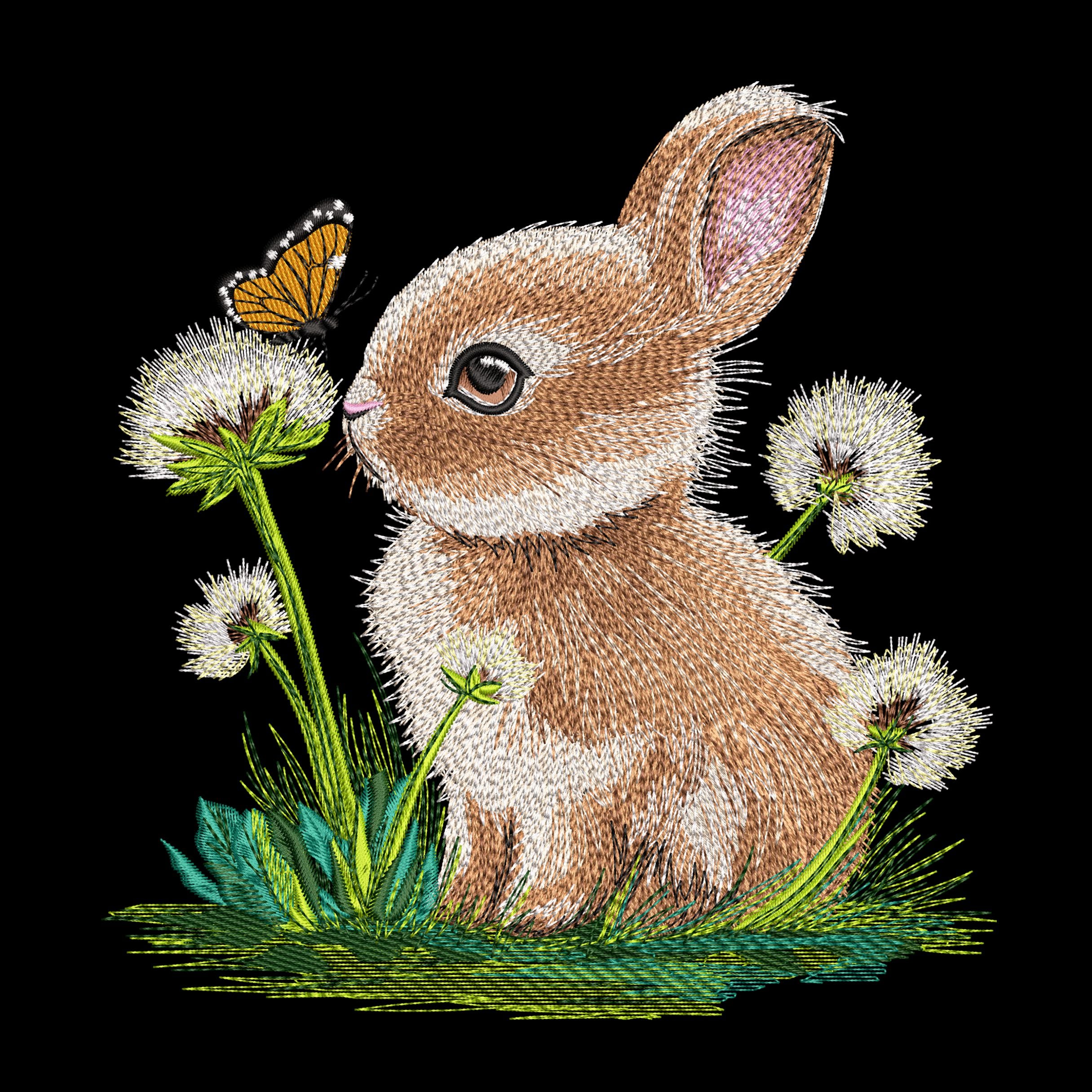 Detailed machine embroidery design of a fluffy brown and white bunny sitting in green grass with white dandelions and a monarch butterfly.