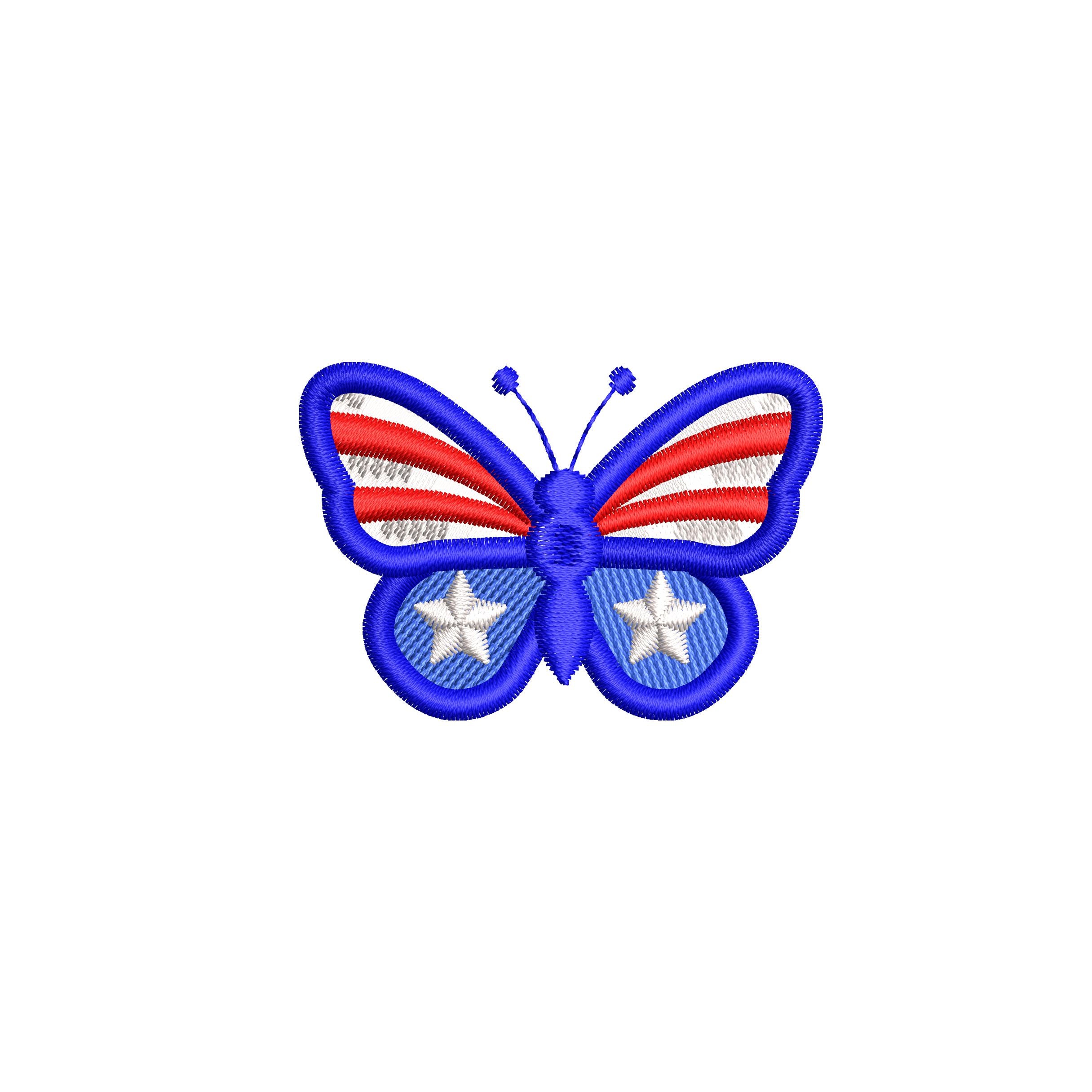 Patriotic butterfly machine embroidery designs in red white and blue with stars stripes and 250 celebration theme.
