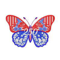 Patriotic butterfly machine embroidery designs in red white and blue with stars stripes and 250 celebration theme.