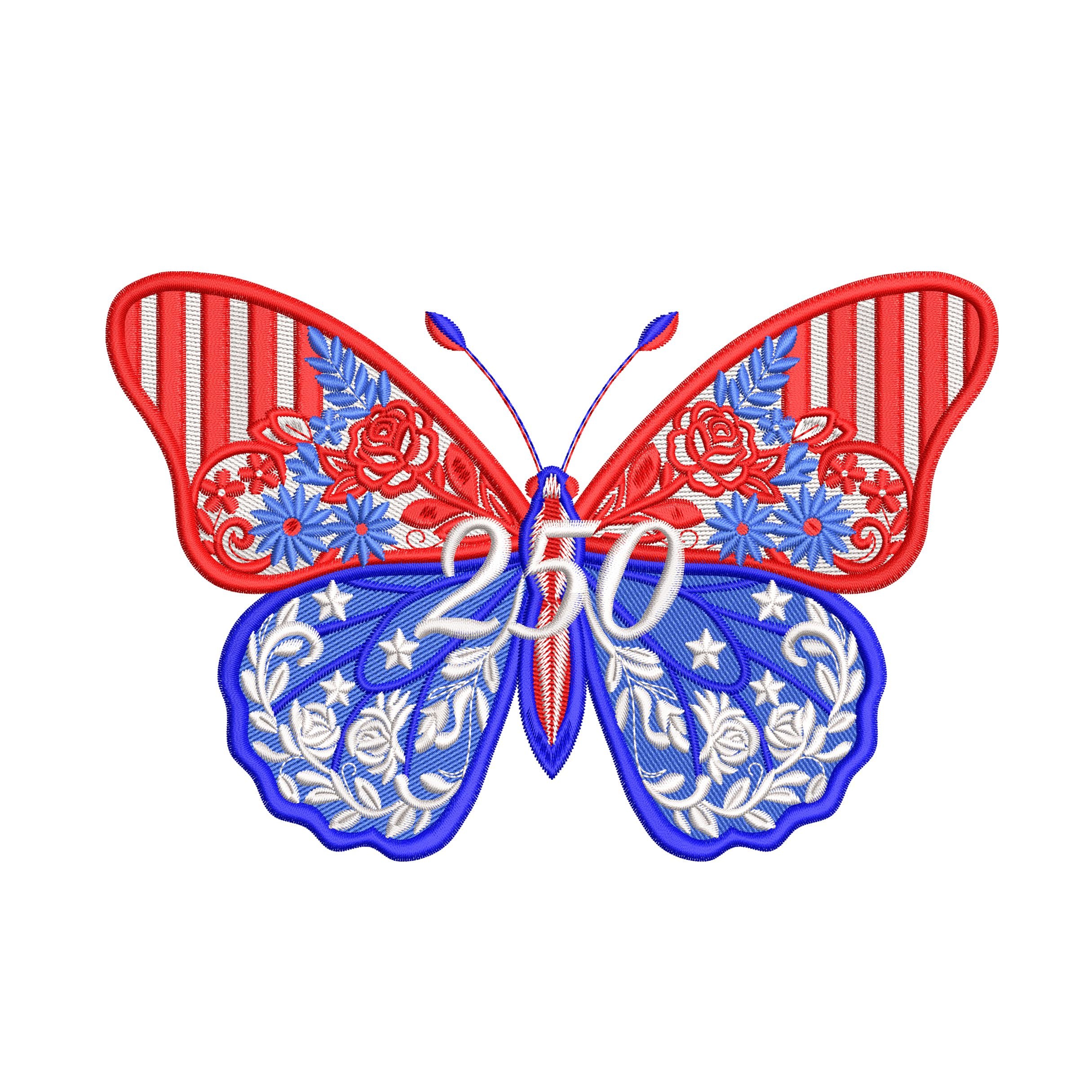 Patriotic butterfly machine embroidery designs in red white and blue with stars stripes and 250 celebration theme.
