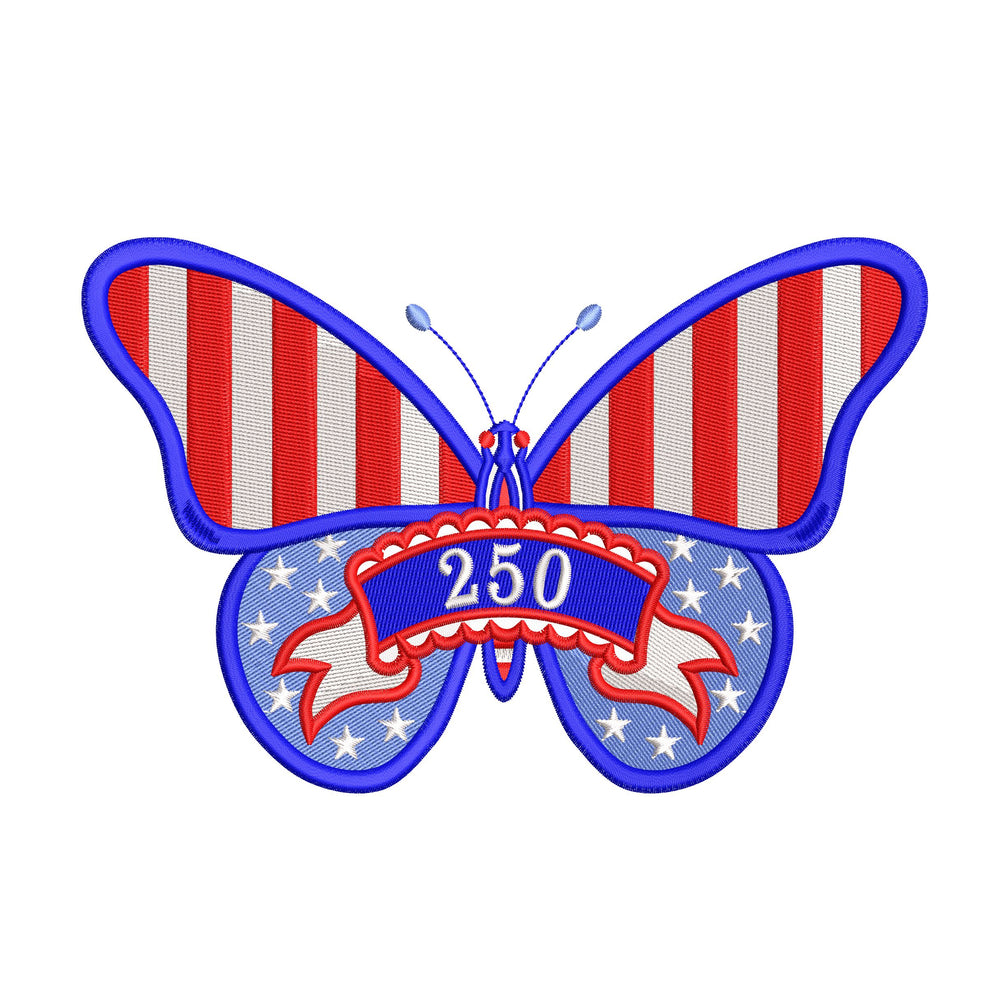 Patriotic butterfly machine embroidery designs in red white and blue with stars stripes and 250 celebration theme.