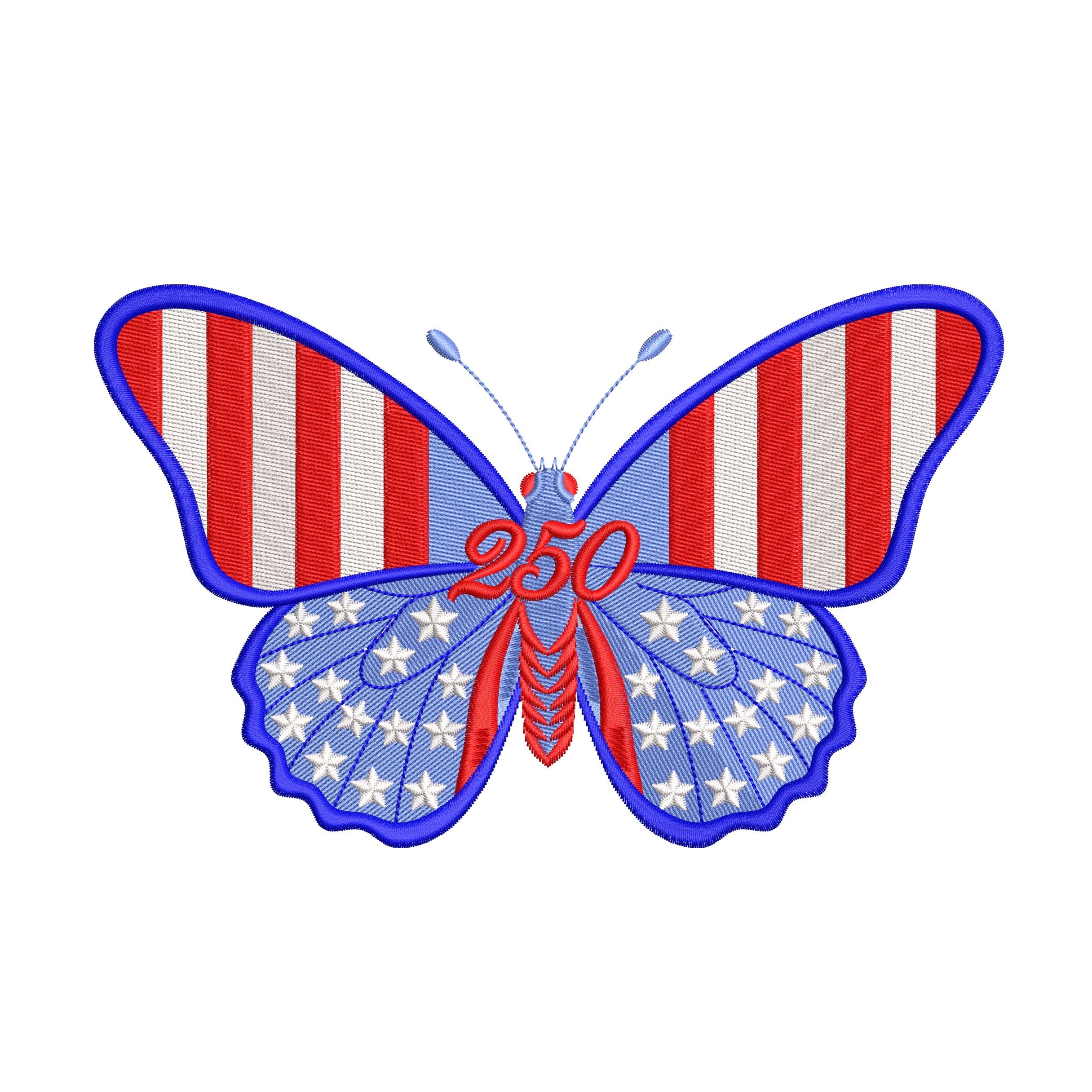Patriotic butterfly machine embroidery designs in red white and blue with stars stripes and 250 celebration theme.