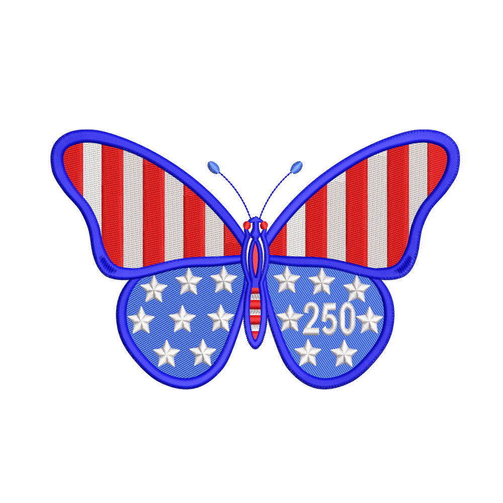 Machine embroidery butterfly design with stars and number 250 placed on the wing in patriotic colors.