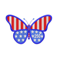 Machine embroidery butterfly design with stars and number 250 placed on the wing in patriotic colors.