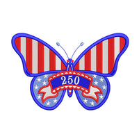 Patriotic butterfly machine embroidery designs in red white and blue with stars stripes and 250 celebration theme.
